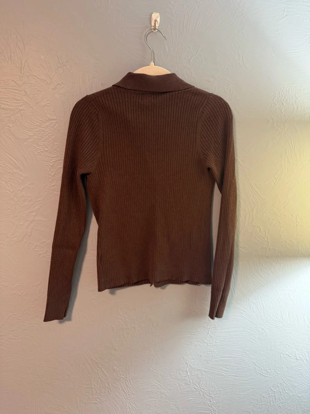 Brown Ribbed Button-Front Collared Knit Top - Picture 3 of 3